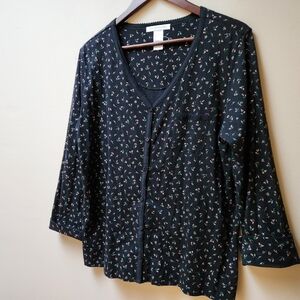 Carole Hochman Black Cotton Floral Top L